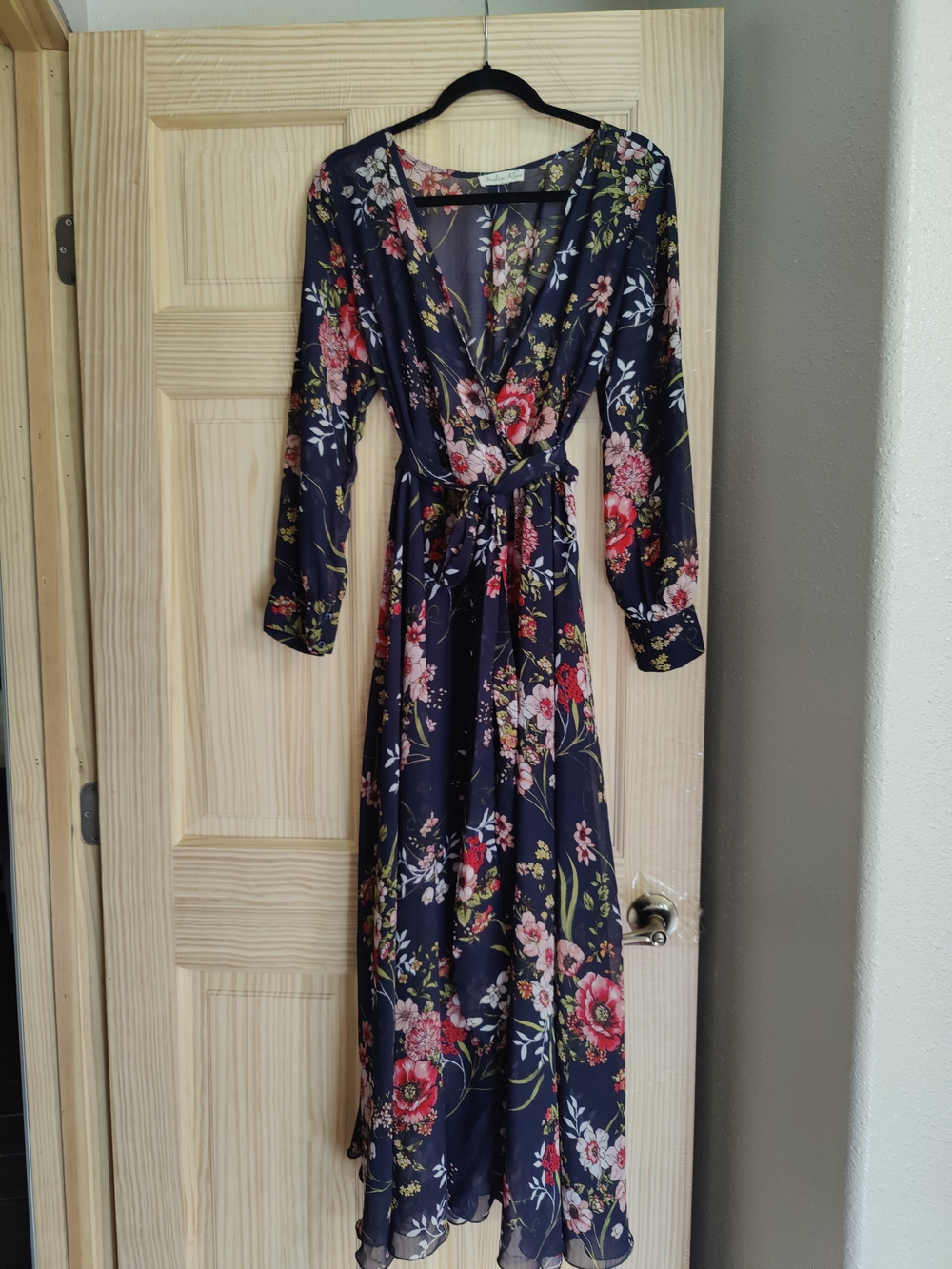 Women's Floral Wrap Maxi Dress in Navy with Pink Blooms